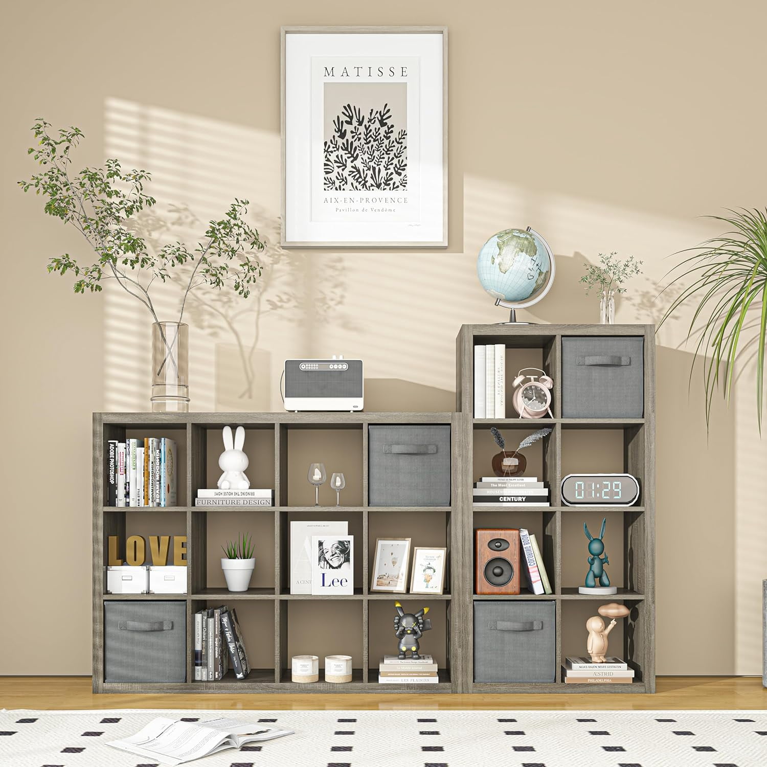 9 Cube Shelf, Closet Storage Organizers, Modern Open Bookcase with Bins, Multifunctional Display Cube Bookshelves for Living Room, Bedroom, Home Office, Gray Oak