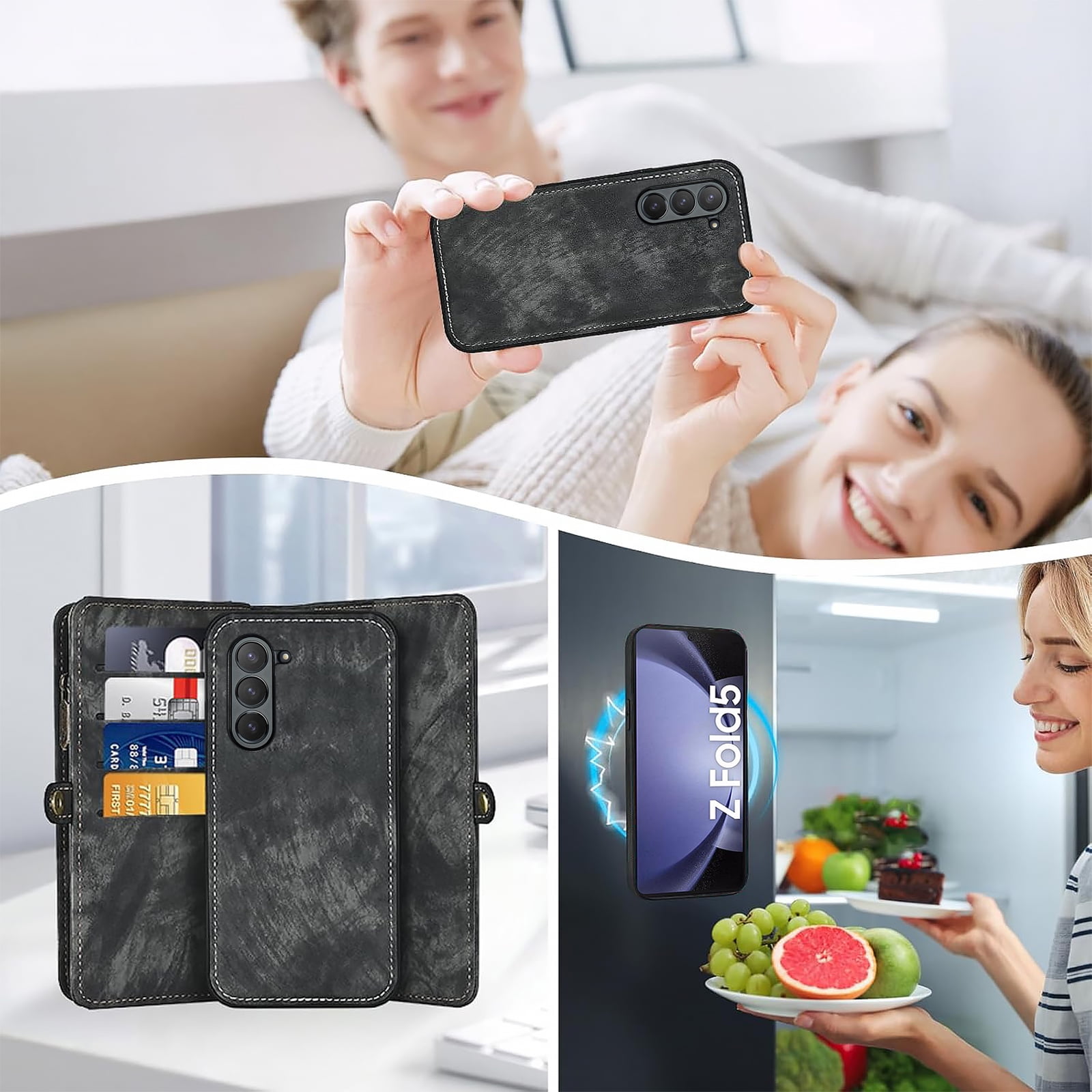 Asuwish Compatible with Samsung Galaxy Z Fold 5 5G 2023 Phone Case Zipper Wallet Detachable Strap Flip Card Holder Cell Cover for ZFold5 Z5 G Fold5 5Z Women Girls Black