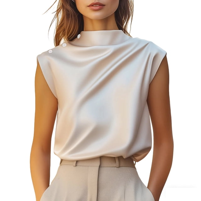Camiseta Casual de Cuello Redondo sin Mangas Botón de la Camiseta de la Mujer, Poliéster Suave de Color Sólido, Ajuste Regular de Uso Diario