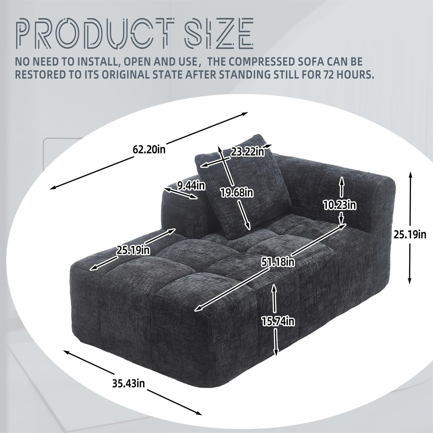 Demi Bonn 62" Plush Chenille Loveseat Sofa, Modular Sleeper for Living Room, Bedroom, Apartment Lounge, Stylish & Comfortable Couch, Black