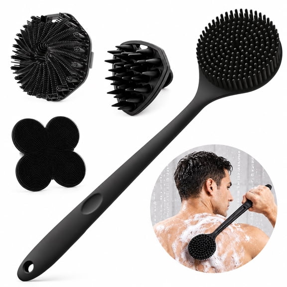 4PCS Silicone Back & Body Scrubber Set, Dual-Sided Exfoliating Bath Brush with Long Handle and Non-Slip Grip