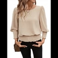 thumbnail image 1 of Blusas de Mujer con Cuello Redondo, 3/4, Cintura Elástica y Dobladillo Fruncido, Blusas Casuales Lisas Caqui M, 1 of 9