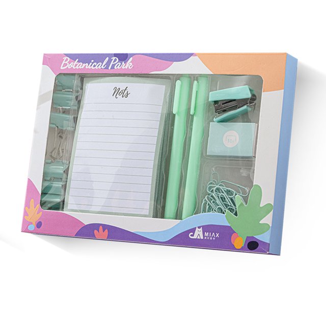 yeacher Eco-Friendly Stationery Set: 7 Binder Clips, 50-Page Notebook, 2 Pens, Stapler, 400 Staples, 40 Paper Clips in Green