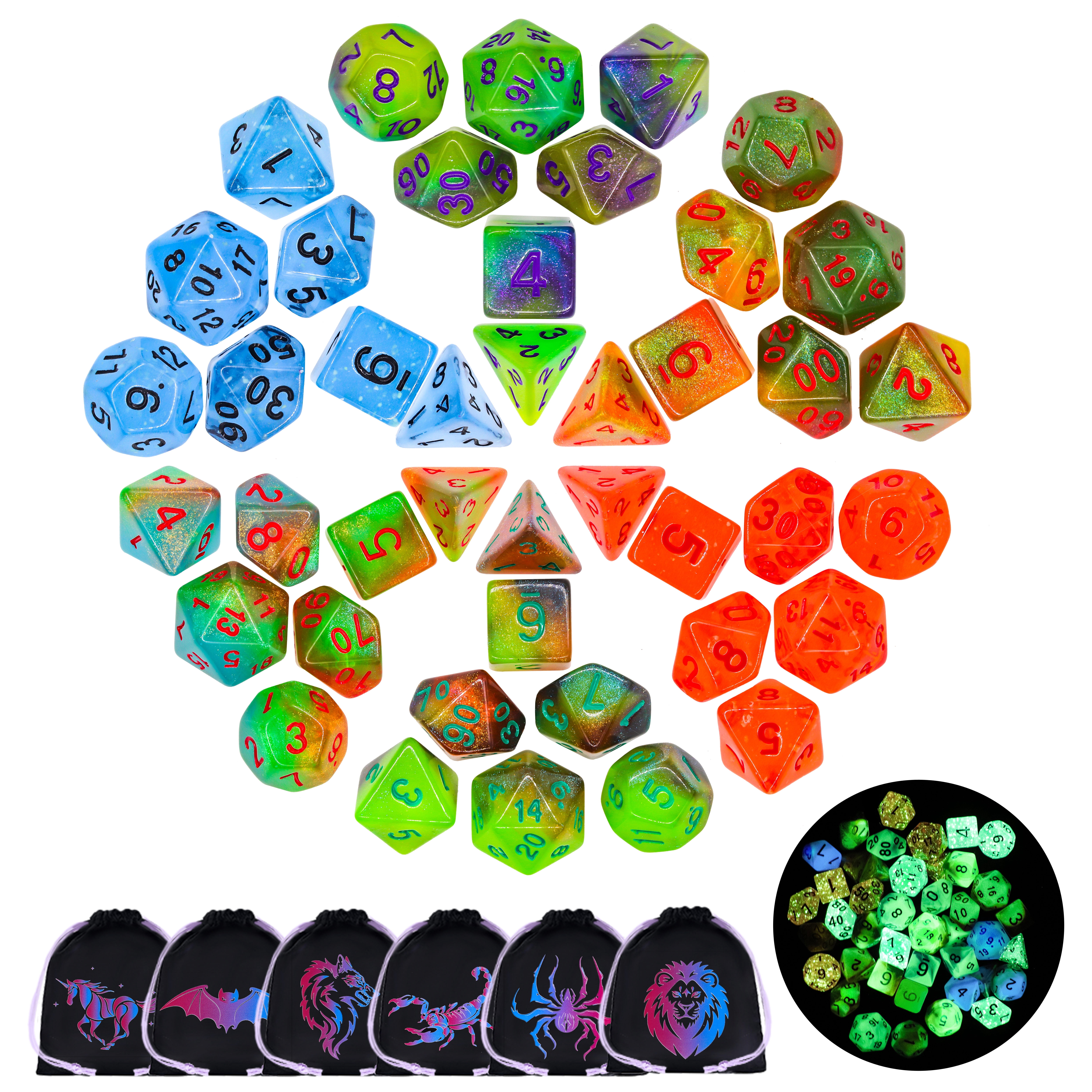 SWAJUJA Glow in the Dark DND Dice Set, 42PCS 6 Complete Polyhedral Dice Sets with Velvet Dice Bags for Dungeons & Dragons, RPG Tabletop Games