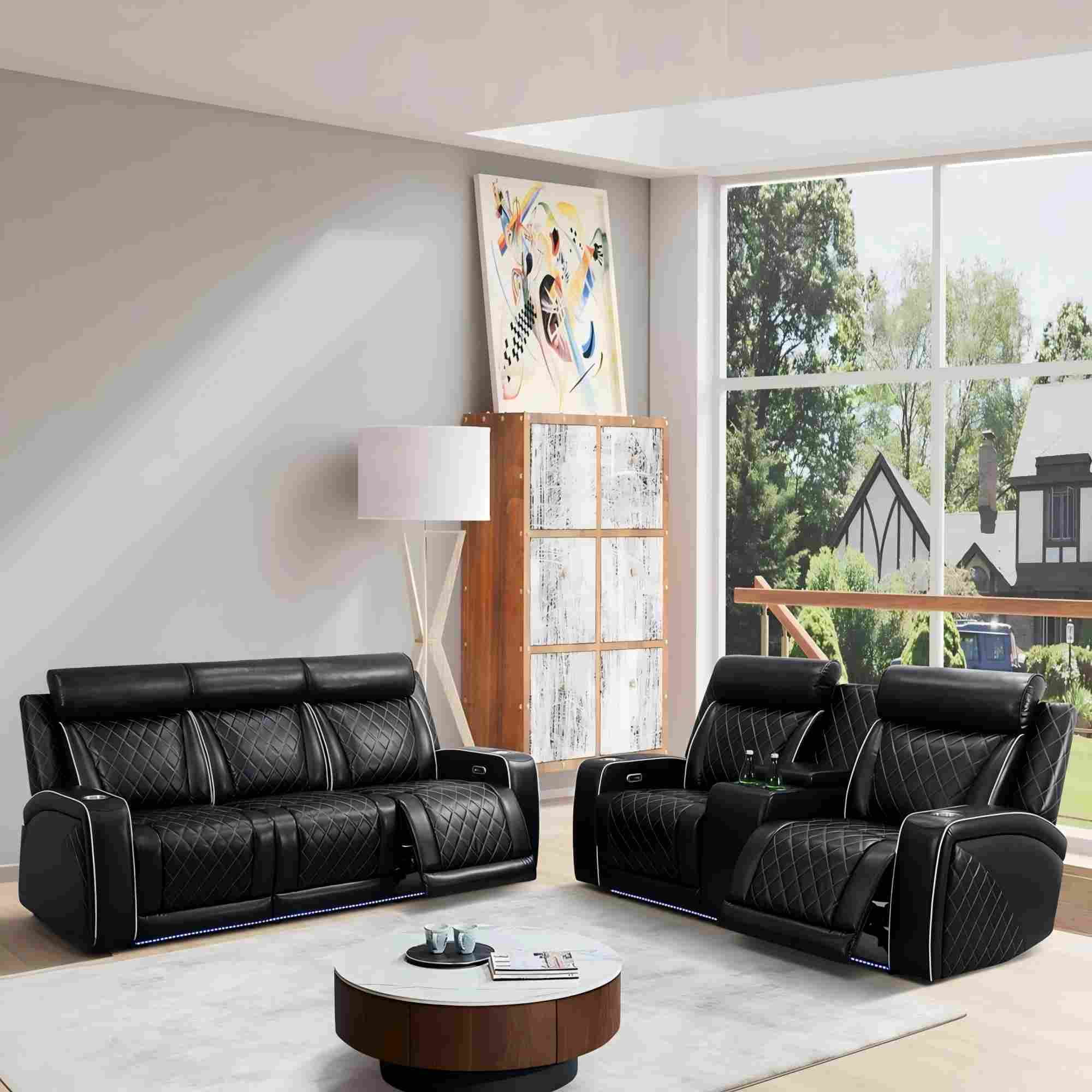 Gewnee Power Recliner Sofa Set, Air Leather 2 Pieces Sectional Couch with LED Light, Storage Console,Cup Holder for Living Room