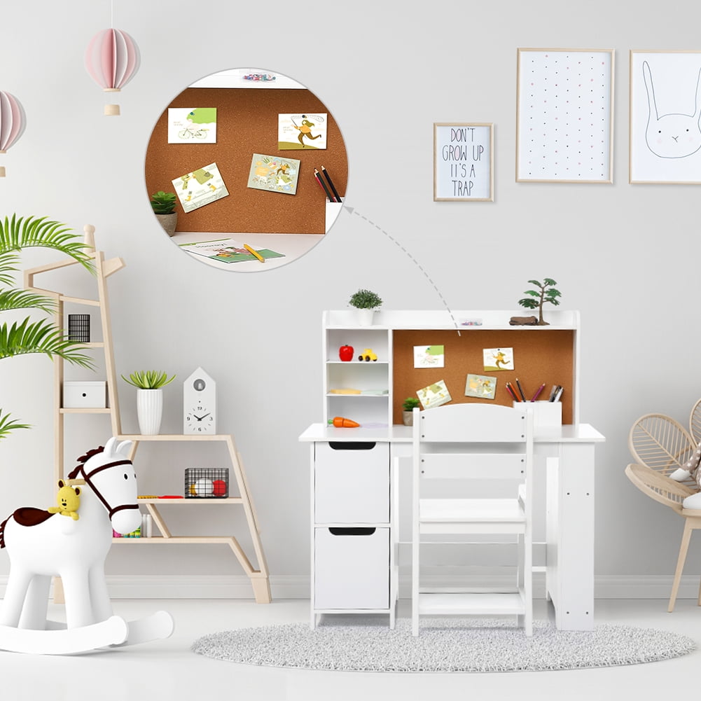 Yesurprise Wooden Study Desk and Chair for Kids White Student Learning Table with Bookshelf Storage for Boys and Girls, 3-8 Y