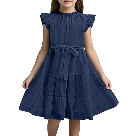 MEZZALL Girls Dresses Ruffle Sleeves Summer Ruffle Neck Chiffon Dress Plain Children Elegant A-Line Party Dress Kids Festive Dress With Belt 5 13 Years Trendy Toddler Baby Wear 160