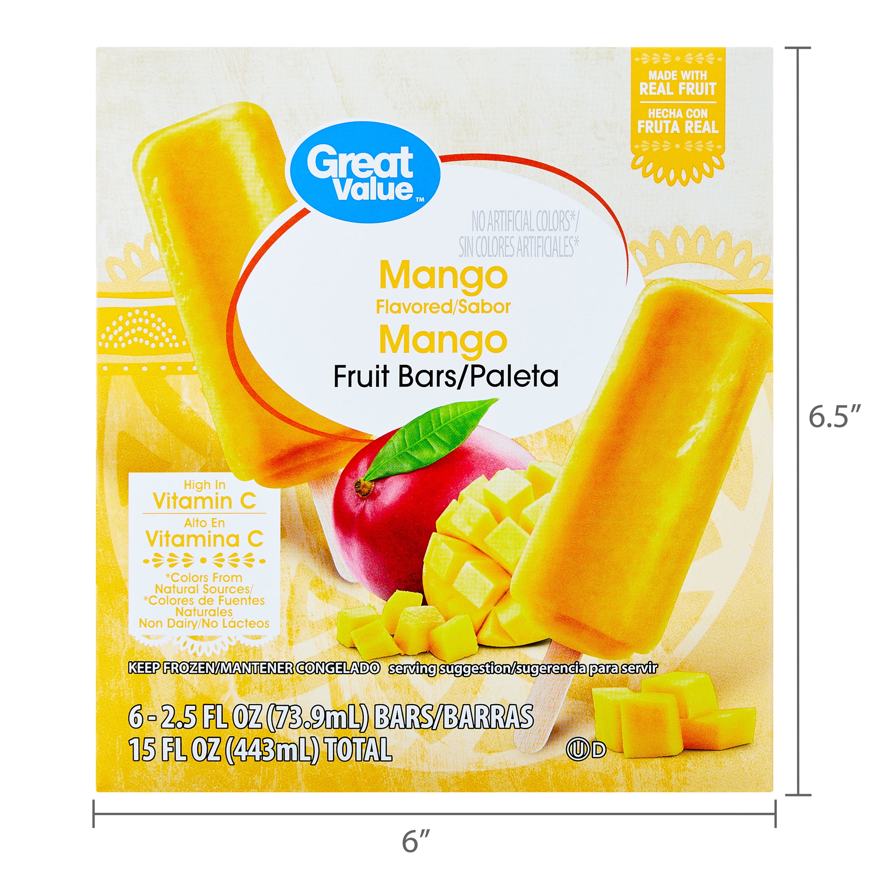 Great Value Mango Fruit Bars, 15 fl oz, 6 Pack (Frozen)