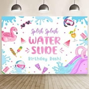 Water Slide Birthday Bash Backdrop for Girls Splish Splash Pool Party Photography Background Summer Swimming Pool Bday Decor Hawaiian Flamingo Beach Balls Pool Bash Banner