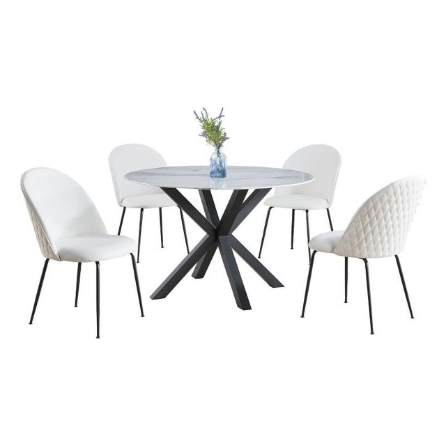 5pc Marbre Blanc Enveloppé Table à Manger avec Verre Trempé et Chaises Blanches