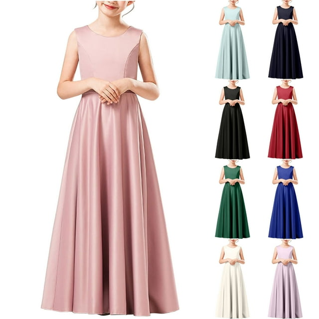 MKOSPLRT Robes de Demoiselle d'Honneur pour Mariage 2-13 Ans Sans Manches Col Ras du Cou Robe de Fête Formelle Unie Fluide Élégante Robes Maxi Robe de Bal