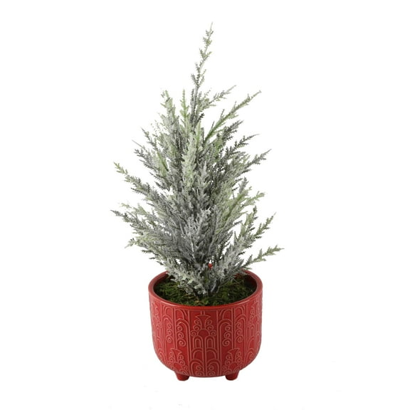 Flora Bunda 18.5 inch H Frosted Christmas Tree in 6 inch Cracker Ceramic Footed Christmas Holiday Decoration,Red