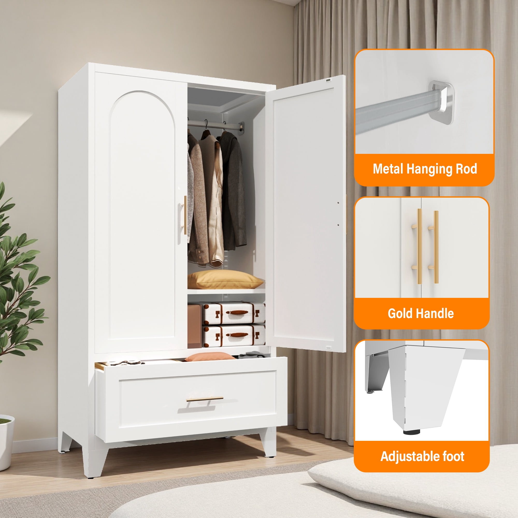 Mintazer 60" Tall Metal Wardrobe Cabinet with Arched Door & Drawer, Freestanding Bedroom Clothing Storage Cabinet with Adjustable Shelves & Hanging Rod, White