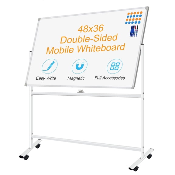48x36 Inch Mobile Whiteboard with Stand, Double-Sided Magnetic Dry Erase Board Rotates 360 Degrees, Large Rolling Writing Board for Office Home, White
