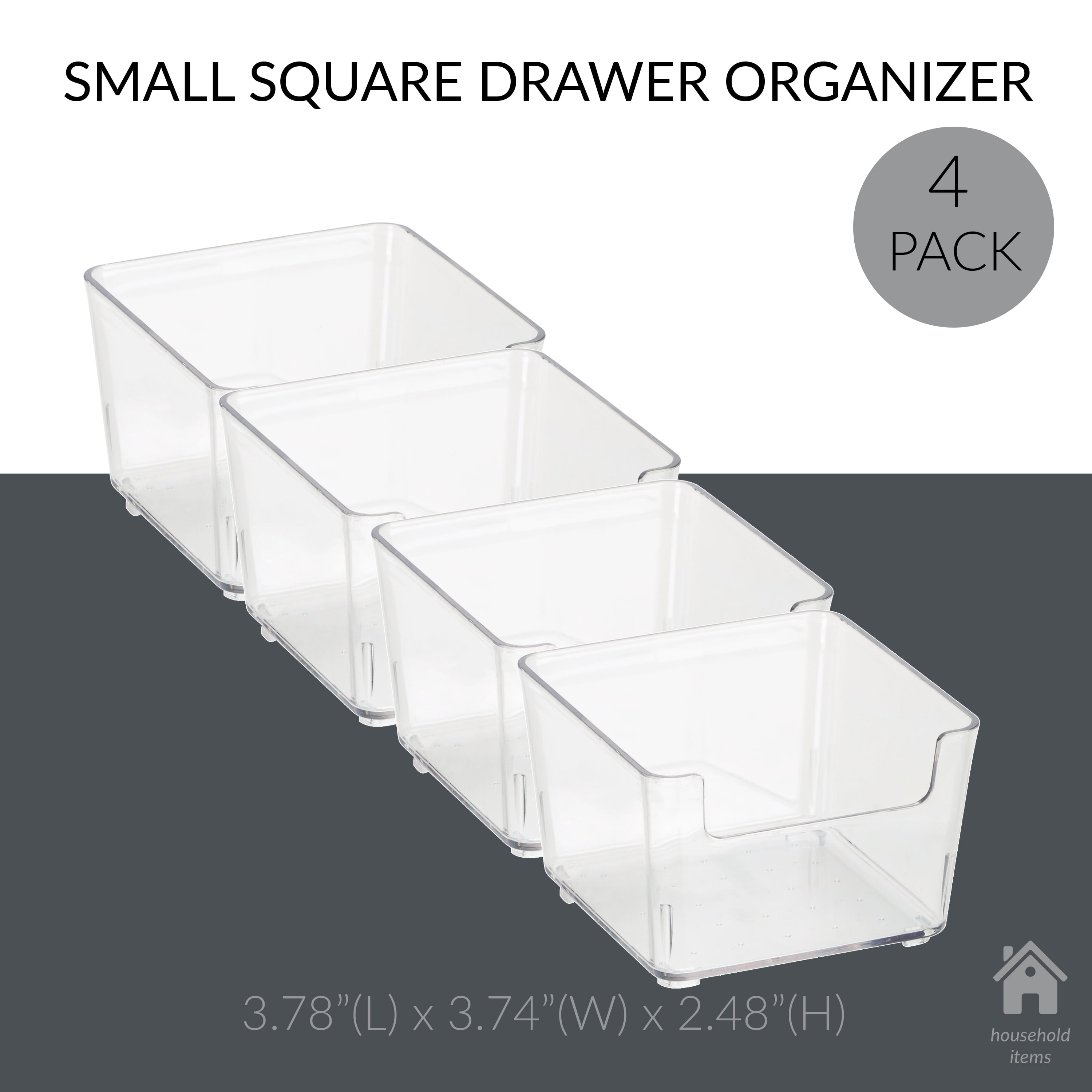 Simplify 4 Pack Small Square Clear Drawer Organizer 3.74" Wide 3.78 Length in Clear