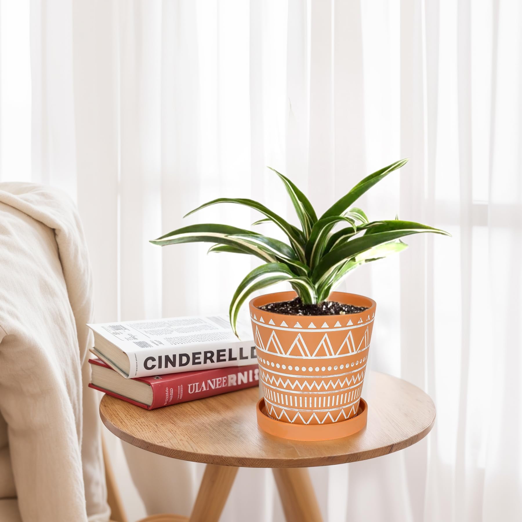 BUYMAX 6 inch Terracotta Pots with Drainage Hole & Saucer, Modern Geometric Planter Set of 2 in Terracotta Red- Boho Indoor Outdoor Flower Pots