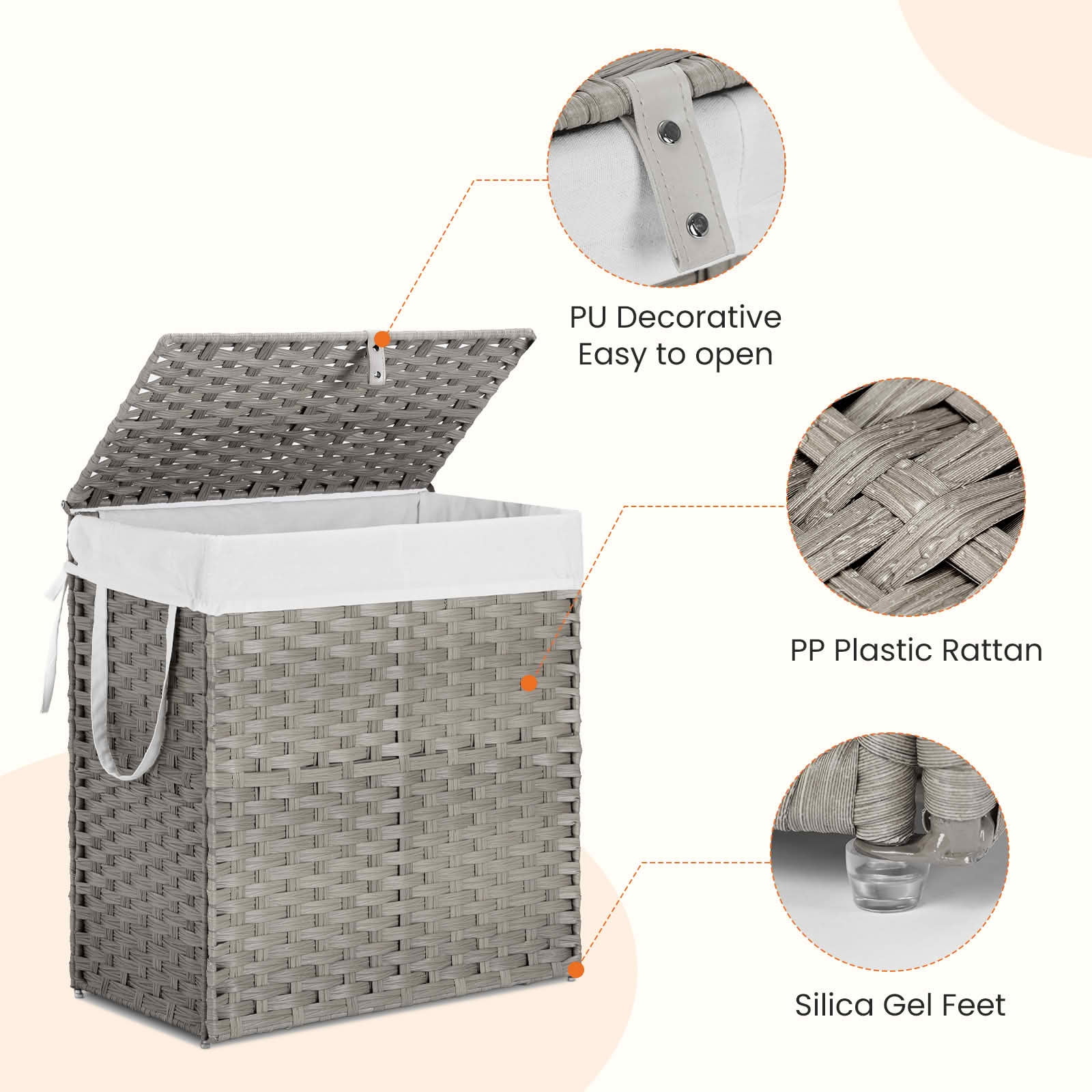 MAYEERTY 110L Hand-Woven PP Rattan Laundry Basket with Lid, Foldable with Compartments Handles