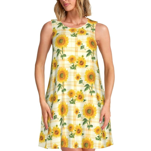 Fotbe Yellow White Plaid Sunflower Vestido de Verano sin Mangas para Mujer – Vestido Midi Línea A, Estilo Camiseta Floral, Vestido Playero Casual y Fluido