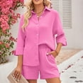 thumbnail image 4 of Virmaxy Womens Stylish Outfit 2 Piece Set Fashion Solid Color Shorts Set Casual Long Sleeve Fold Over Collar Button Down Shirt Top Hot Pink M, 4 of 5