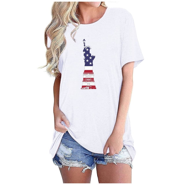 Tops Cortos para Mujeres Bandera de Moda Impresa Cuello Redondo, Camiseta de Manga 3/4 para Uso Diario, Casero Y Cómodo