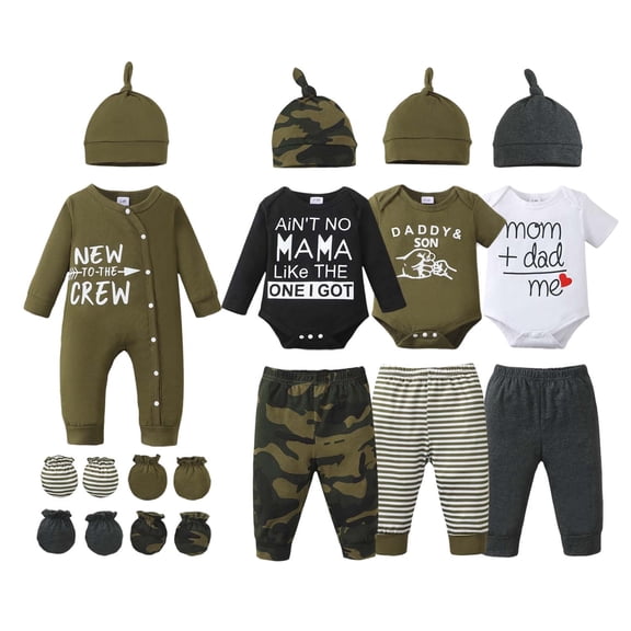 KIMI BEAR 6 Months Newborn Baby Boys Layette Set 12 Months Shower Gift 4-Packs Romper Pant Outfits Sets Layette Essentials 19 Pieces Letter Camouflage Print with Hats and Gloves Multicolor