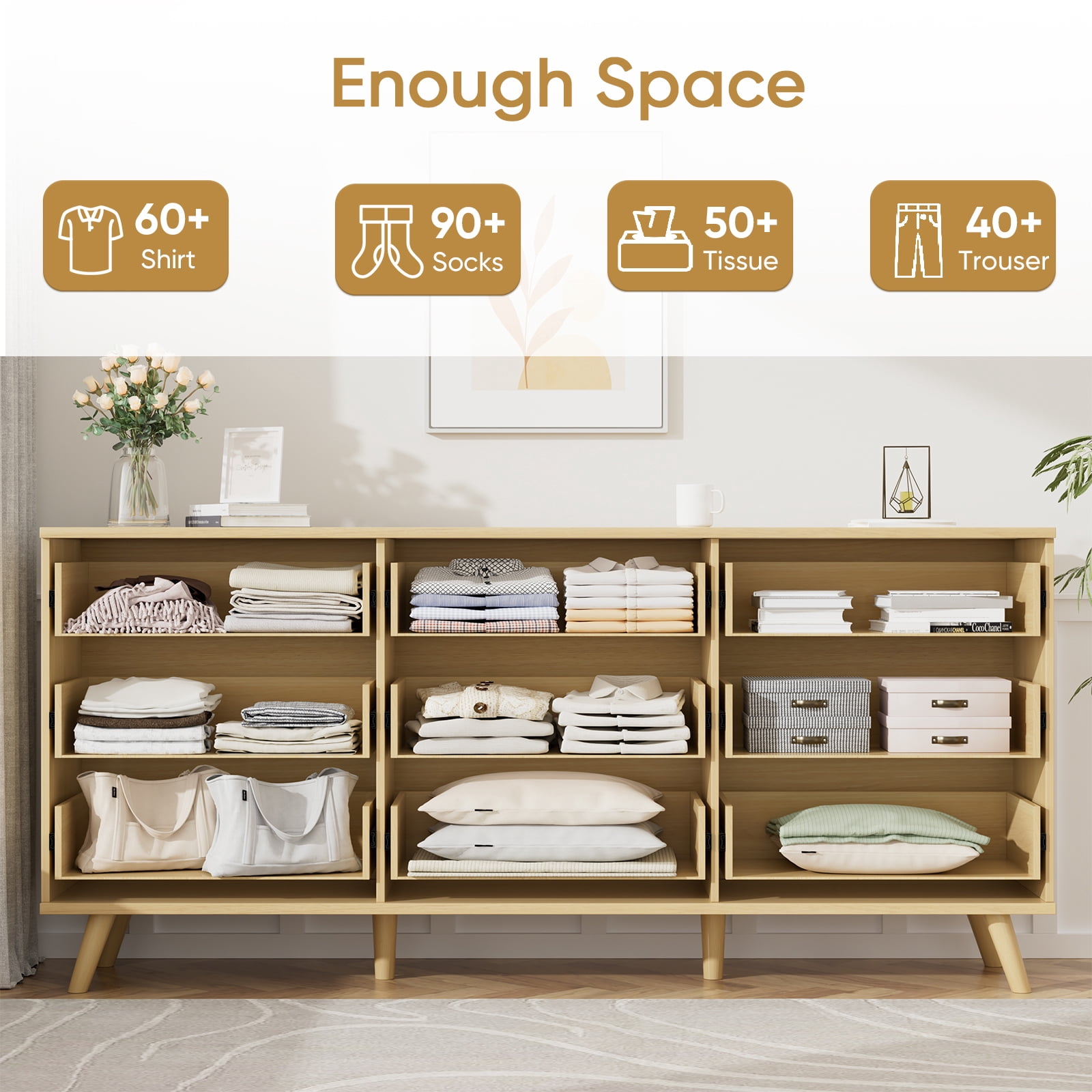 Hommoo 9 Drawer Dresser 63"W Storage Cabinet Credenza, Fluted Wooden Chest of Drawers for Home, Entrance, Natural