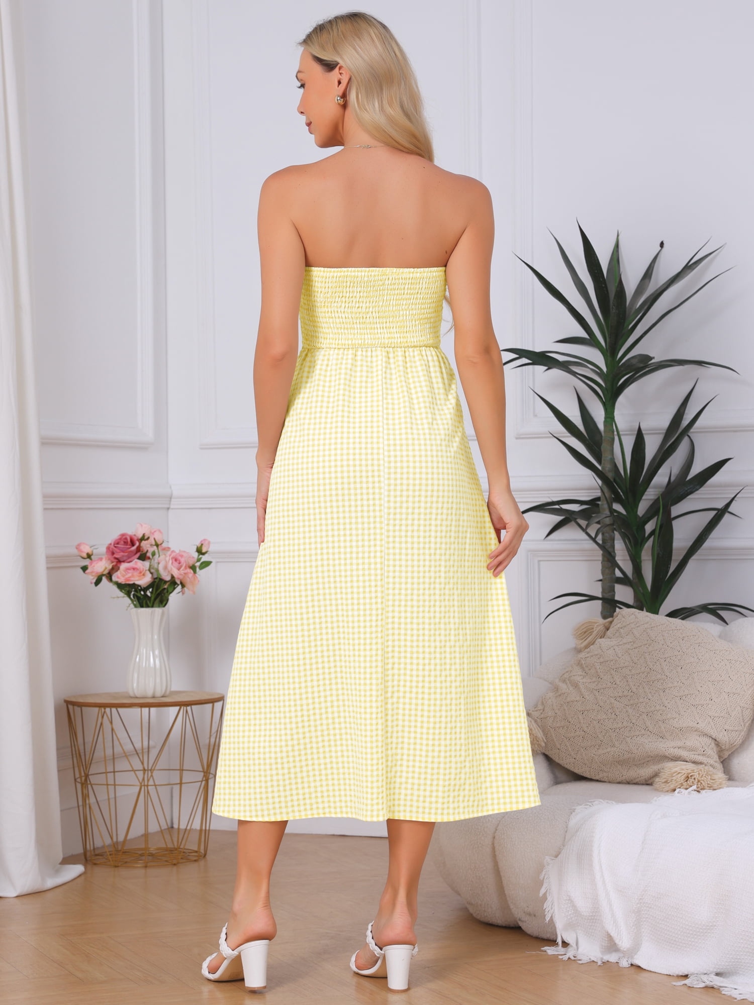 DARING DIVA Women's Gingham Strapless Maxi Summer Casual Sundress Medium Yellow