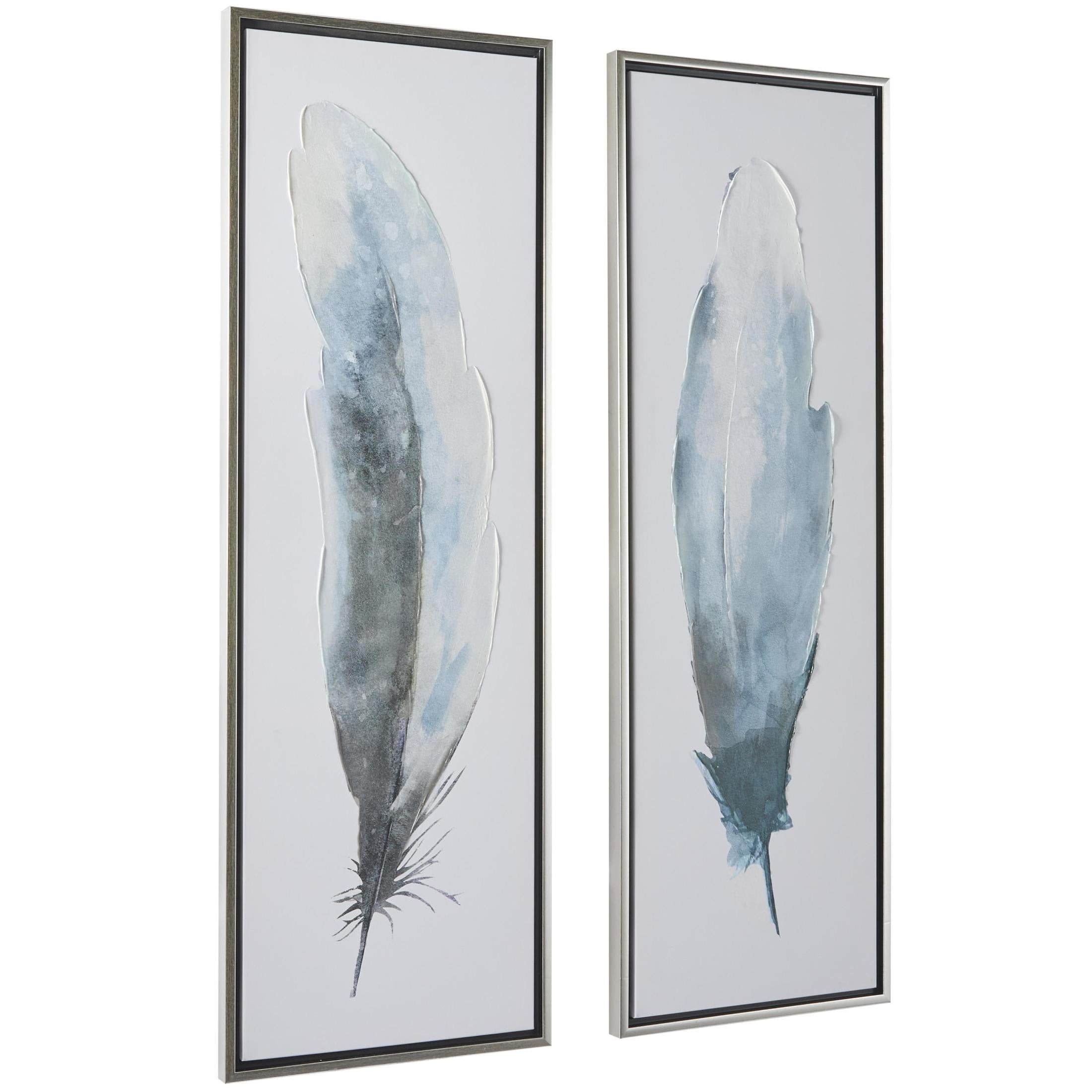 16" x 47" Feathers Bird Framed Wall Art with Silver Frame, by DecMode (2 Count)