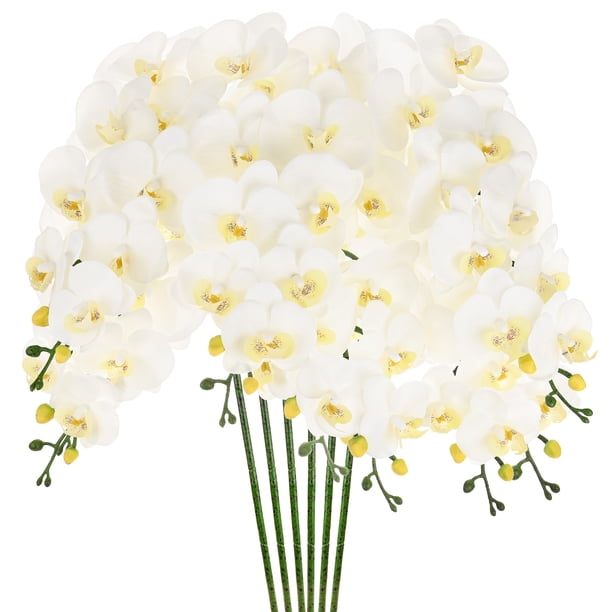 Uxcell 6-Pack Flores de Orquídea Artificial 9 Pétalos Grandes 37 Pulgadas Ramo de Phalaenopsis de Seda Blancas Orquídeas Falsas para el Hogar/Boda