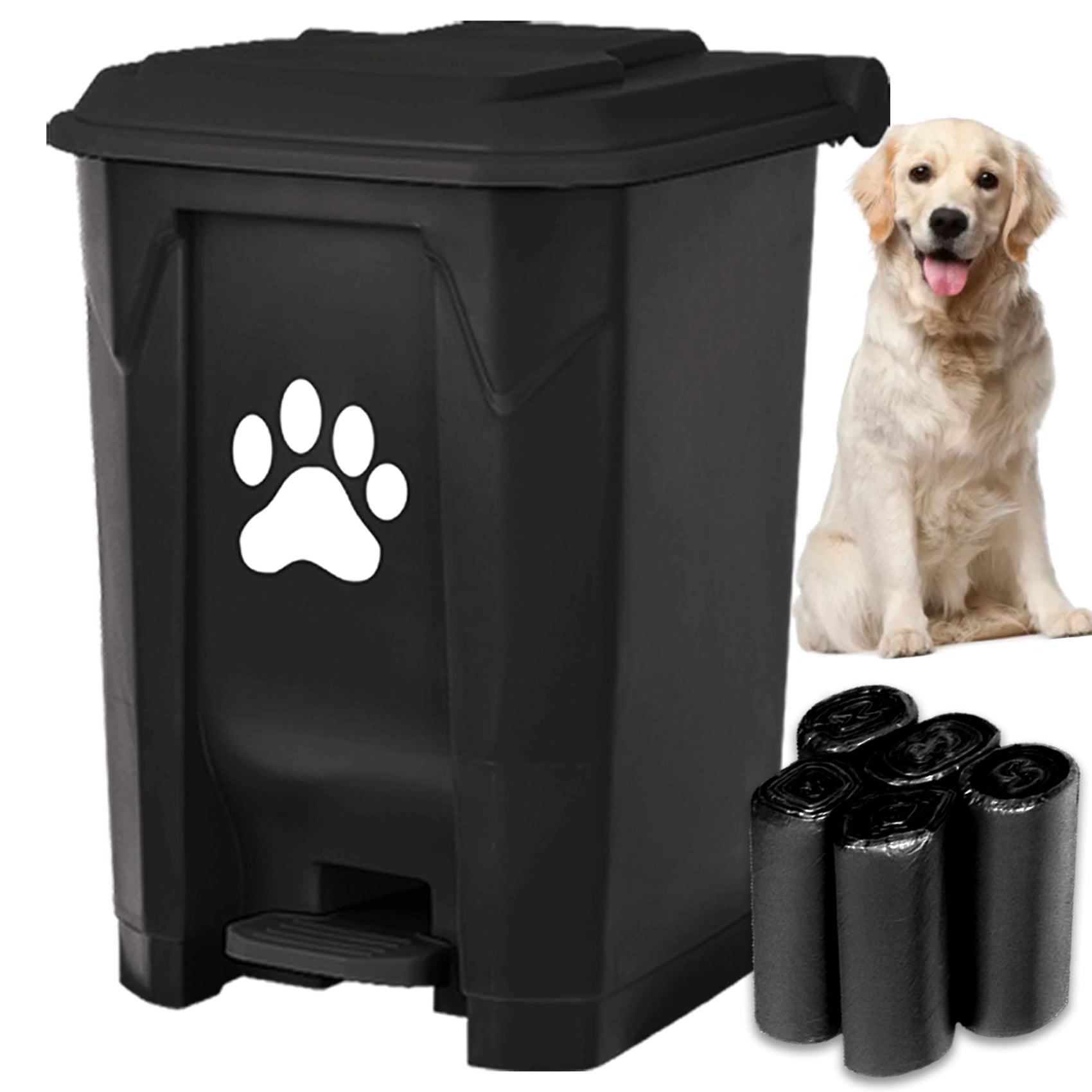Dog Poop Trash Can Outdoors Pet Waste Station with Lid:15L Dog Waste Disposal Container with Removable Inner Bin Bucket Hands-Free Pedal Garden Yard Home with 5Rolls Waste Bags