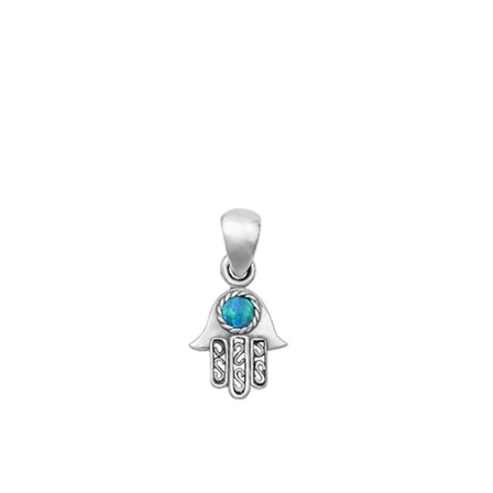 Sterling Silver Blue Simulated Opal Hamsa Pendant Charm 925 New Jewelry Female Unisex