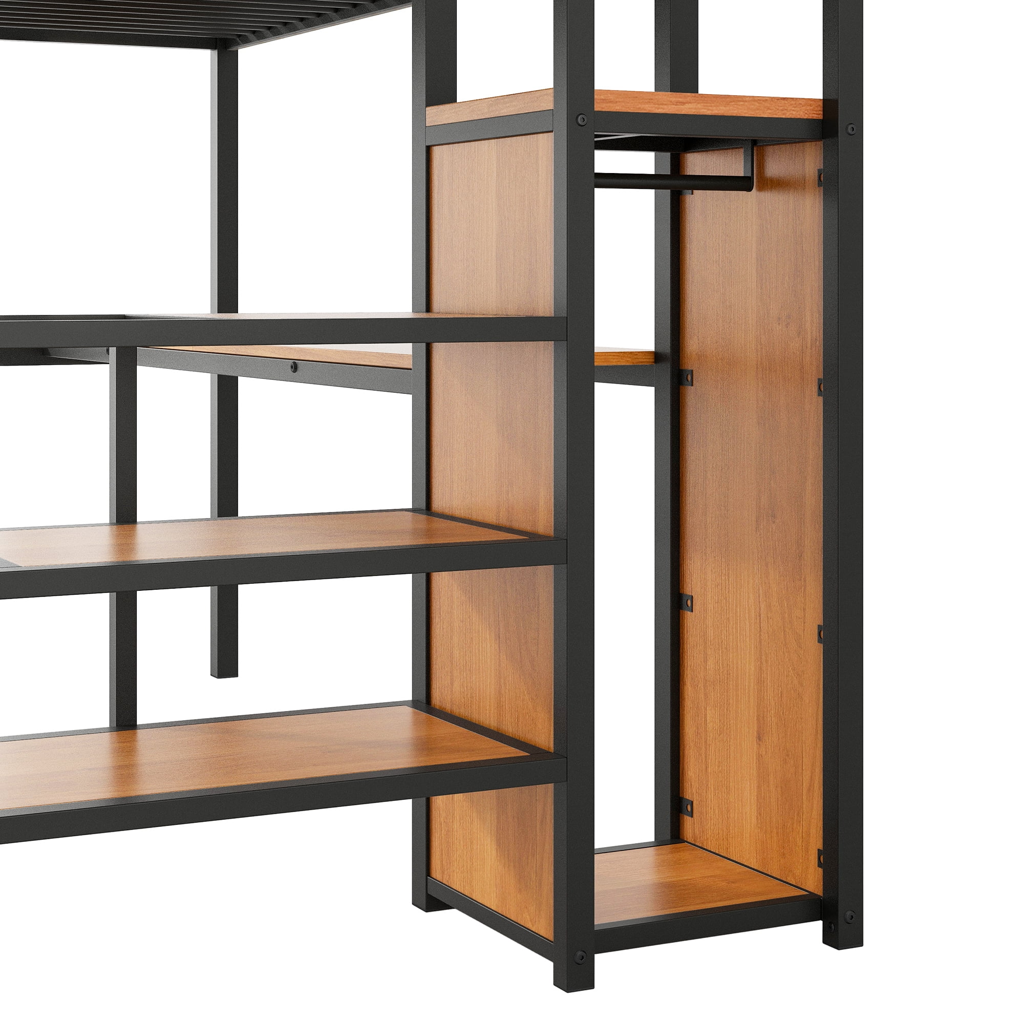 EUROCO Modern Metal Full Size Loft Bed with Wardrobe, Shelf and Desk with LED Light, Storage Staircase for Kids Teens, Black