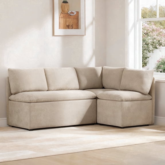 ReNest L-Shaped Storage Banquette Sectional, 4-Seat Set with 2-Seat Bench, Corner, and 1-Seat Chair, Khaki