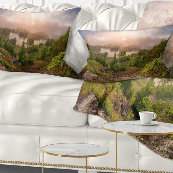 Designart Rising Above the River Mist - Landscape Photo Throw Pillow - 12x20