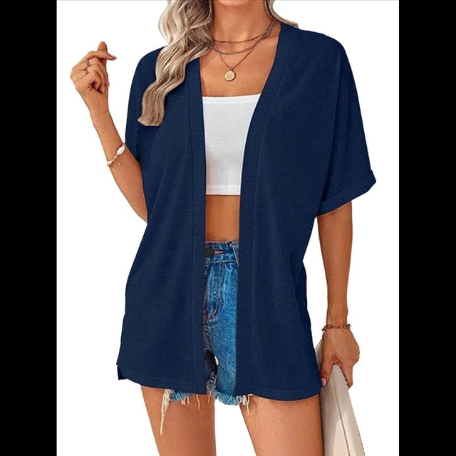 Cárdigan de Corta para Mujer, Cárdigan de Verano, Informal, Holgado, para Playa, con Dobladillo Curvo. Azul Oscuro L