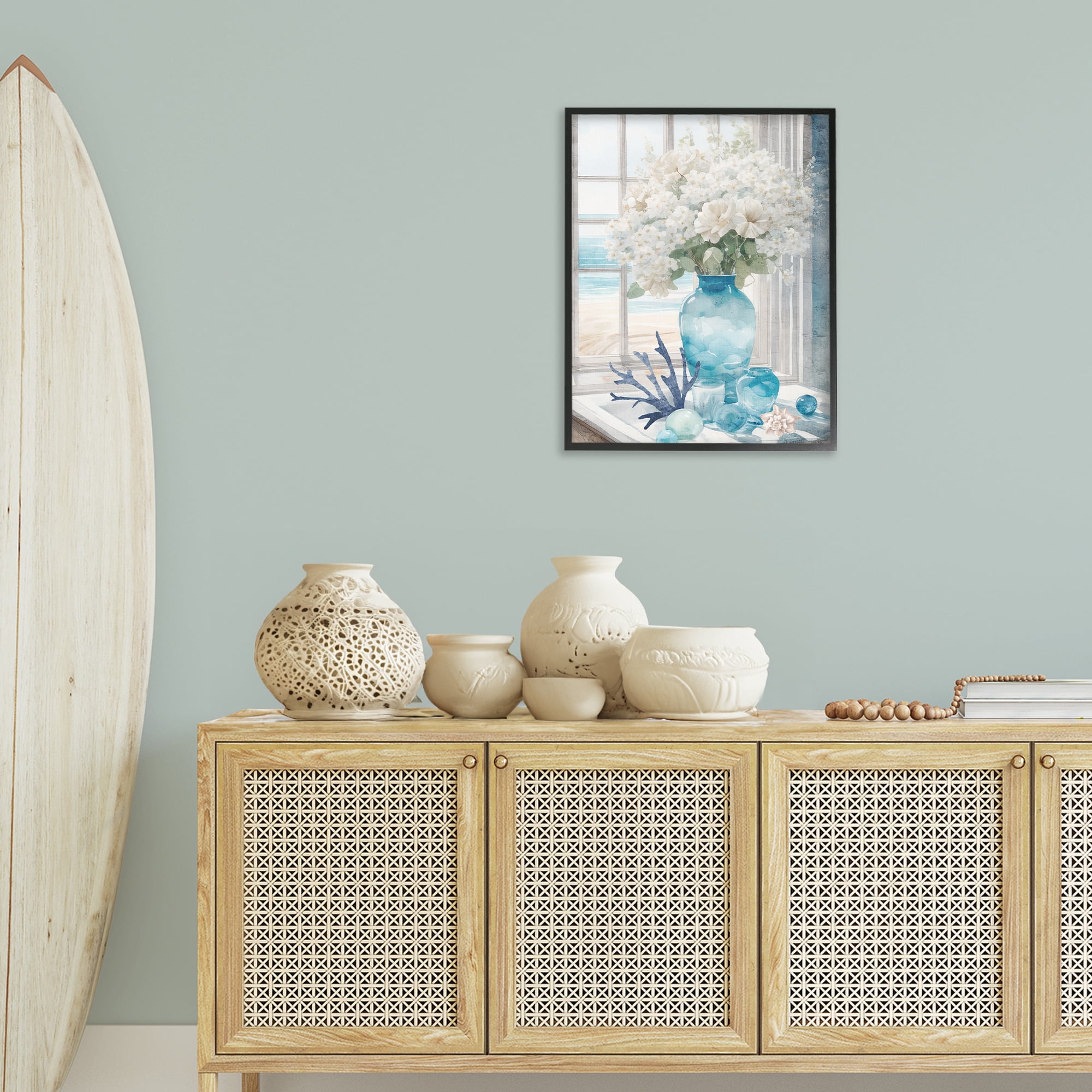 Stupell Industries Coastal Flower Vase Botanical & Floral Painting Black Framed Art Print Wall Art, 24 x 30