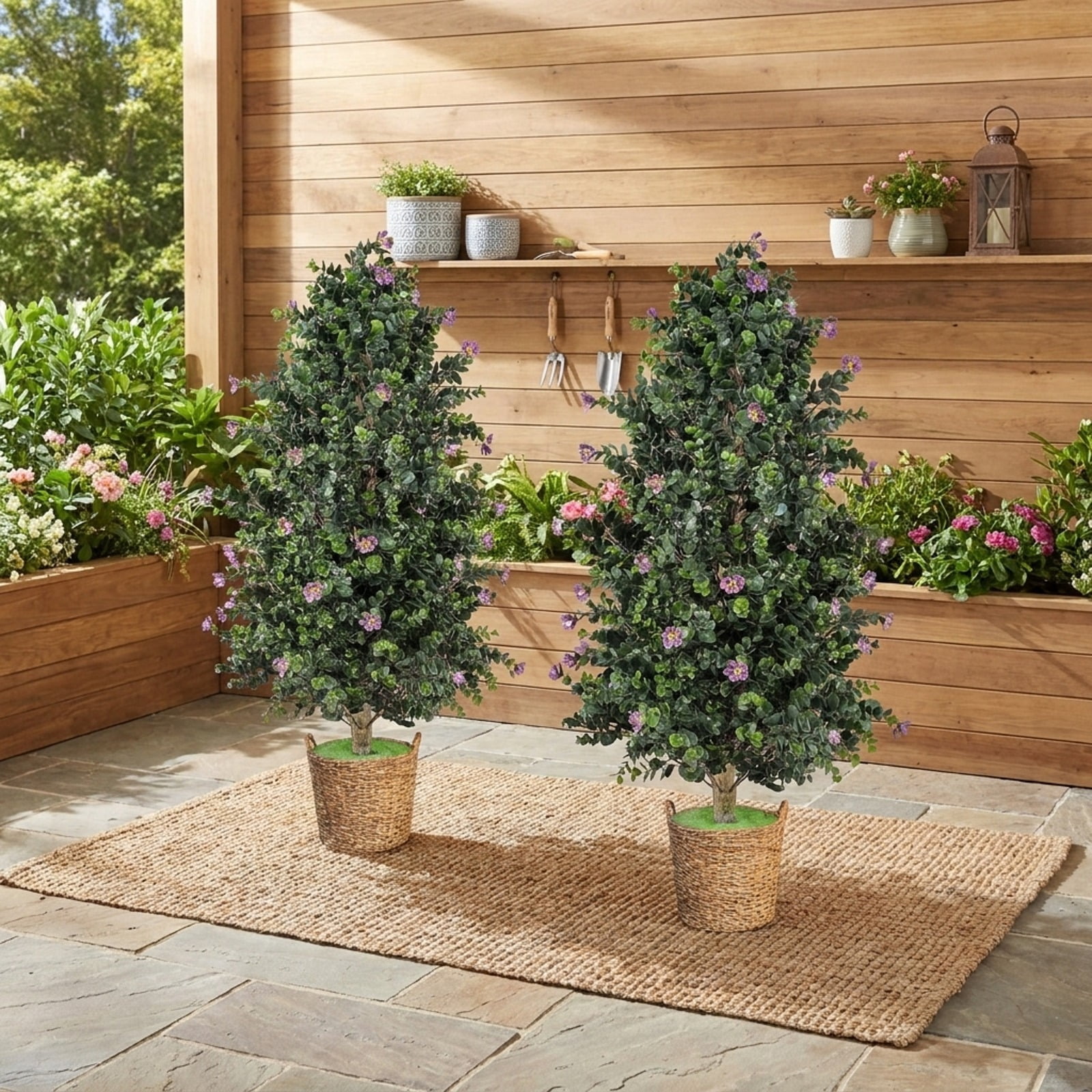 Vebreda Artificial Plant Decor, 2 Pack Artificial Topiary Cone Tree Faux Potted Shrub Plant with 49 Flowers, Lifelike Greenery Display