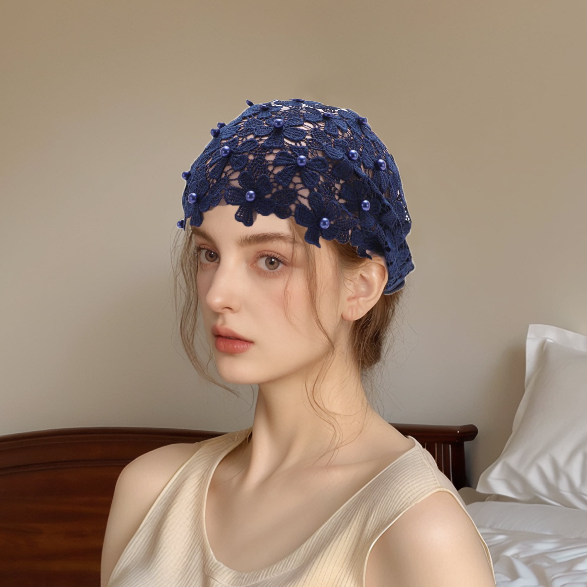 Unique Bargains 1pc Fashion Faux Pearl Floral Wide Headwrap 9.45"x5.12" Navy Blue