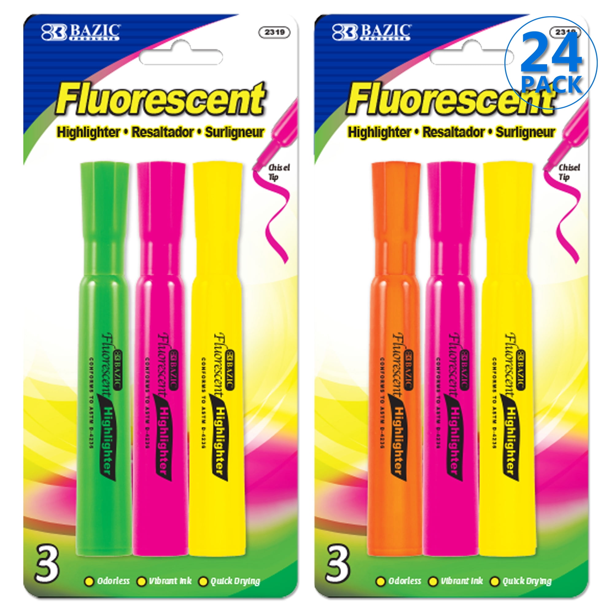 BAZIC Highlighter Assorted Color Desk Style Chisel Tip Marker (3/Pack), 24Packs