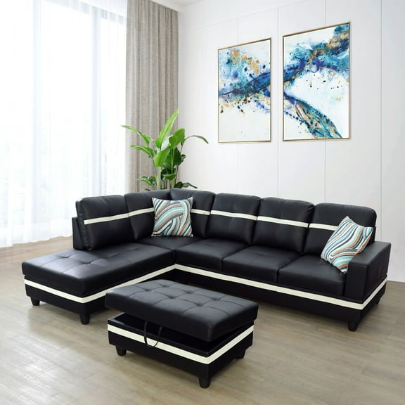 PonLiving Sectional Sofa Couch, L-Shaped 3-Piece Couch Living Room Sofa Set for Small Space, Apartment, Loft, Office, Left Hand Facing, Black&White