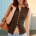 thumbnail image 5 of Women'S Scoop Neck Plain Button Front Ribbed Tank Top, Summer Sleeveless Knit Open Front Slim Fit Vest Coffee Color L, 5 of 7
