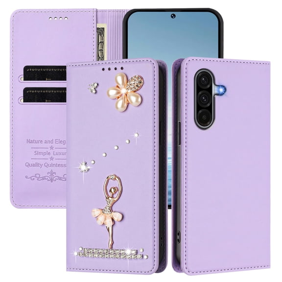 Dteck Bling Rhinestone Wallet Cell Phone Case for Samsung Galaxy A37, RFID PU Leather Cover with Card Slots,Purple