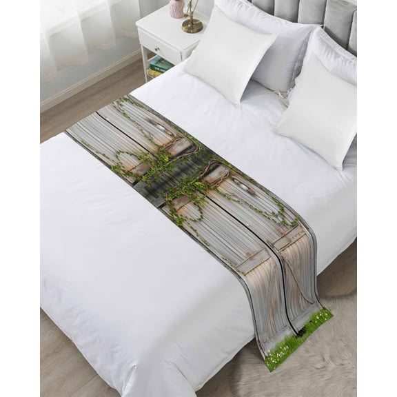 Xipuska Retro Brown Door Bed Runners for Twin Size Bed, Decorative Bed Throws for Foot of Bed, Rustic Vintage Garden Wooden Door Bed Runner Sofa Throw Bedding Scarf Protector Slipcover for Bedroom