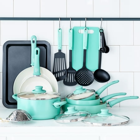 GreenLife Soft Grip Absolutely Toxin-Free Healthy Ceramic Non-stick Cookware Set, 18-Piece Set,