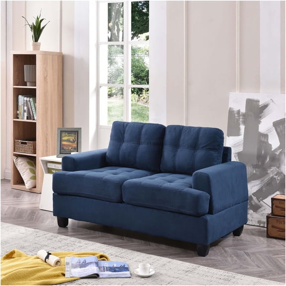 JERFIT Navy Blue Microfiber Loveseat Sofa, Transitional Small Couch with Saddle Arms for Living Room, Apartment