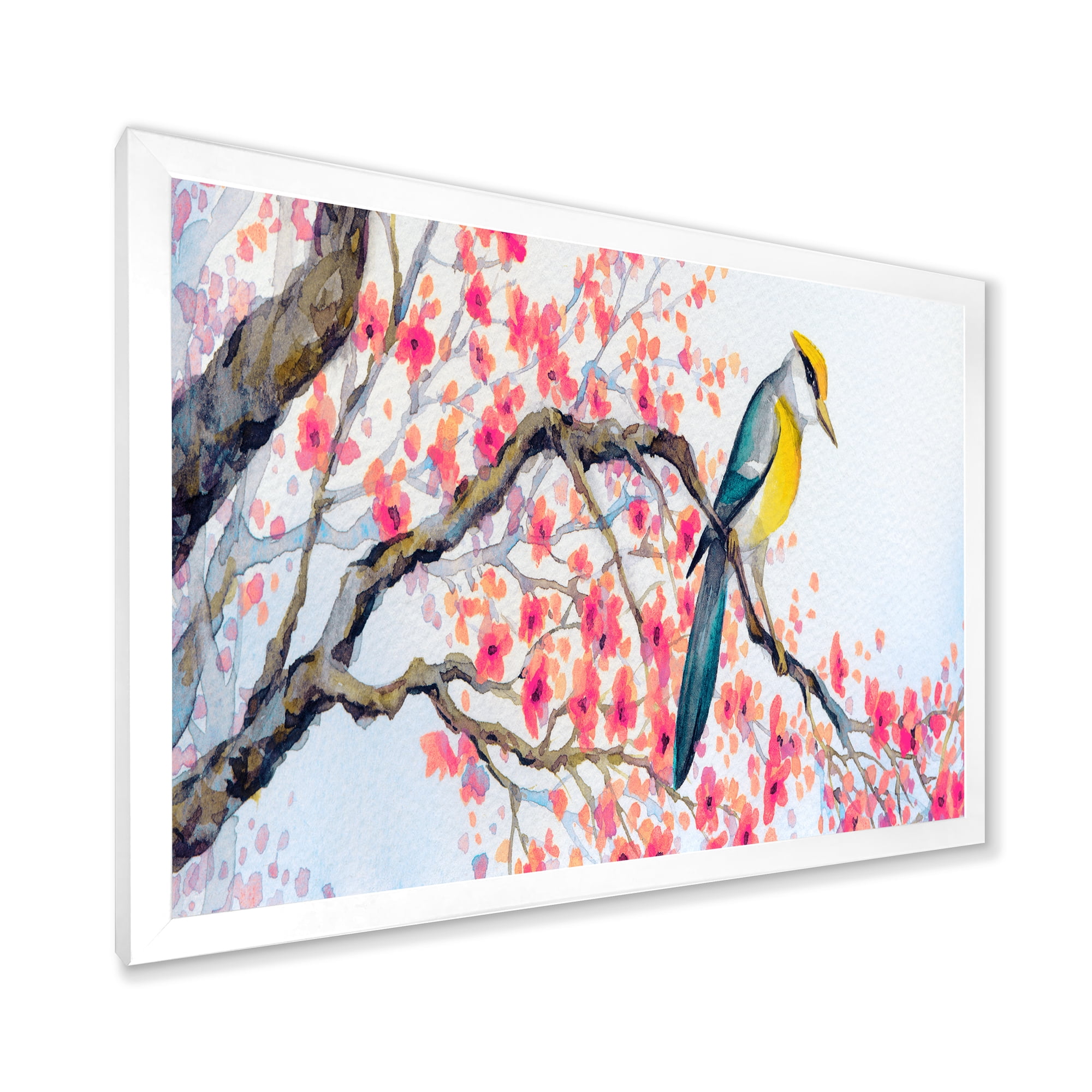 Beautiful Pink Bird Sitting On Flowering Branch I 32 in x 24 in Framed Painting Canvas Art Print, by Designart