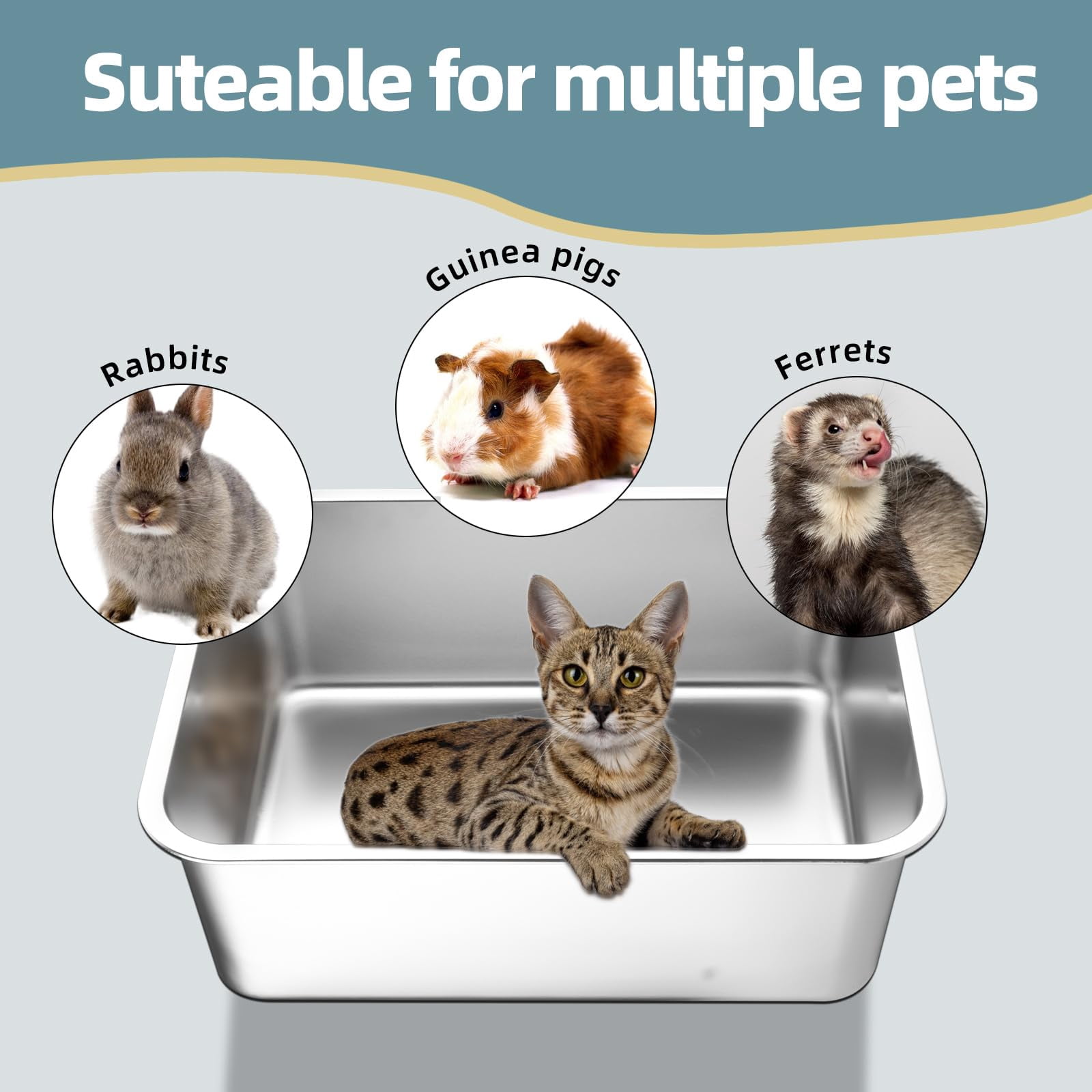 Stainless Steel Cat Litter Box - Large Metal High-sided Pan For Cats  Pets Non-stick Odor-free Easy To Clean Splash-proof Durable (17.7" L X 13.8" W 6" H)