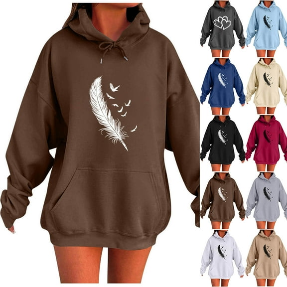 Brondbend Hoodies Womens Womens Sweatshirt Hoodie Long Sleeved Drawstring Pocket Pullover Print Casual Loose Fit Tops Lady Gym Workout Fall Winter Wear Beige