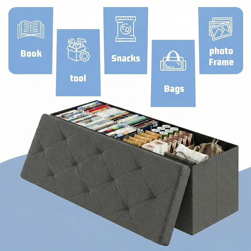 Gianna 43 Inch Folding Ottoman With Storage Bench, Bedside Storage Bench With Linen Top Cover and Cushion, Footrest Suitable for Bedroom, Living Room, Gray