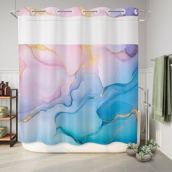 No Hook Shower Curtain Pink Blue Marble Waterproof Fabric Shower Curtain Modern Abstract Art Hotel Style Bathroom Curtain with See Through Top Window Machine Washable 72x78in